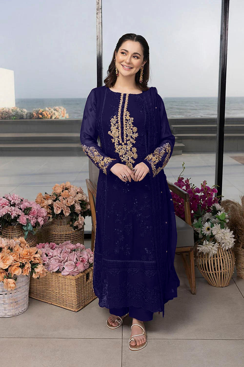3 Piece Stitched - Sequins Embroidered Chiffon MZ-02-Blue | Azure (STITCHED)