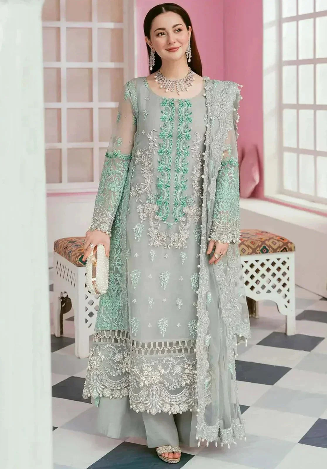 3 Piece Stitched MZD-183 - Embroidered Organza Hand Embellished | Elaf