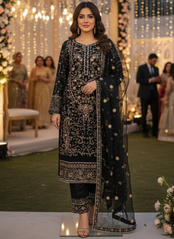 Embroidered Black Chiffon By Agha Noor MZD-19 - STITCHED
