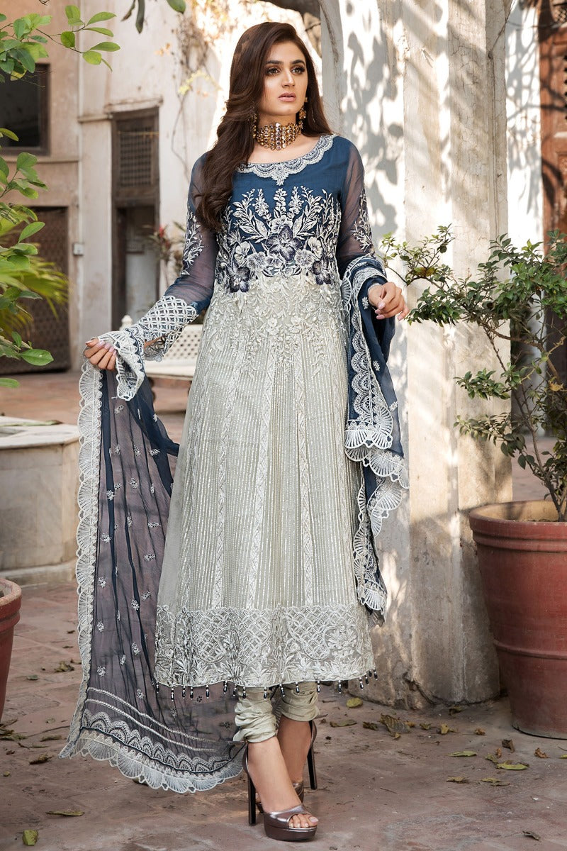 3 PIECE EMBROIDERED CRINKLE CHIFFON - COBALT (STITCHED)