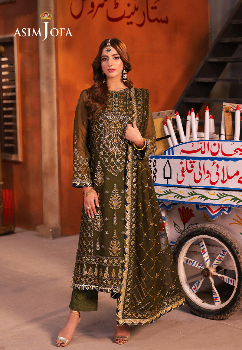 3 PIECE EMBROIDERED CHIFFON SUIT - ASIMJOFA  (STITCHED)