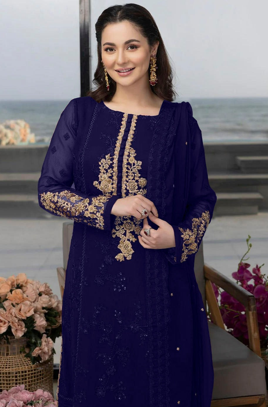 3 Piece Stitched - Sequins Embroidered Chiffon MZ-02-Blue | Azure (STITCHED)