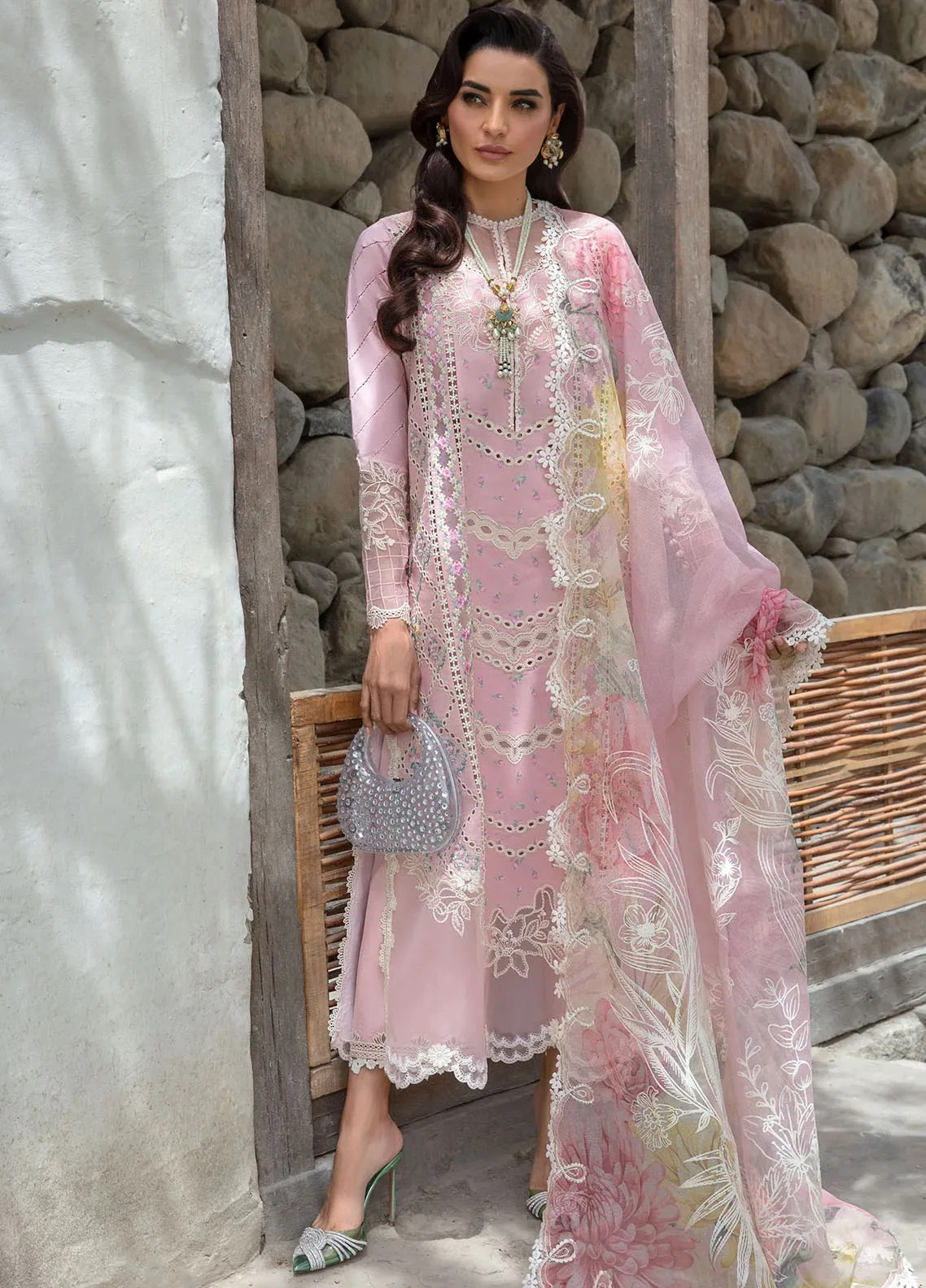 Crimson Luxury Lawn Embroidered 3 Piece Unstitched A Floral Mesh - Rose Pink